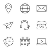 Collection of isolated vector line icons for web sites, adverts, articles, stores, shops. Editable strokes. Signs of geotag, globe, envelop, post, headphone, contact us, calendar