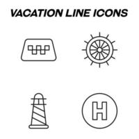 Minimalistic outline signs drawn in flat style. Editable stroke. Vector line icon set with symbols of taxi, helm, steering wheel, lighthouse, hotel