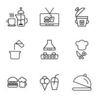 Collection of isolated vector line icons for web sites, adverts, articles, stores, shops. Editable strokes. Signs of tea, burger, soda, multicooker, pan, hood, junk food