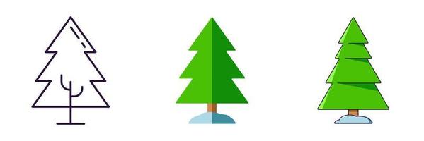 Merry Christmas and Happy New Year concept. Collection of icon of tree in line, flat and cartoon styles for web sites, adverts, articles, shops, stores vector