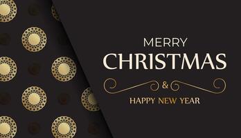 Greeting Card Merry Christmas and Happy New Year in black color with gold ornaments. vector