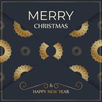 Happy new year flyer template in dark blue color with abstract gold pattern vector