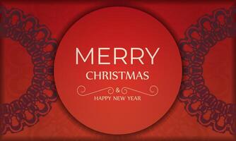 Postcard Template Merry Christmas and Happy New Year Red color with vintage burgundy pattern vector