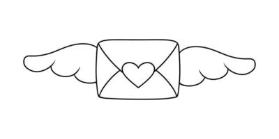 Monochrome romantic closed envelope with wings and heart in cartoon style, declaration of love, vector illustration