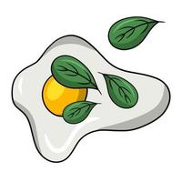 huevo frito con hojas de albahaca, vista superior, ilustración vectorial en estilo de dibujos animados sobre un fondo blanco vector