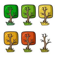 A set of colored icons, an autumn tree with a square crown, a vector illustration in cartoon style on a white background