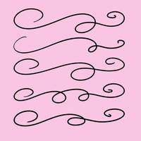 A set of vector dividers with swirls on a pink background, hand-drawn with a black line, isolated borders for a design template