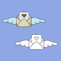 A set of images, a romantic envelope with wings for a declaration of love, a vector illustration in cartoon style on a colored background