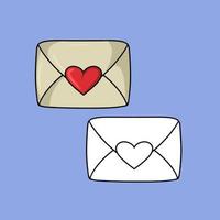 A set of images, a love letter, a large vintage closed envelope with a heart, a vector illustration in cartoon style on a colored background