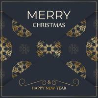 Merry Christmas and Happy New Year flyer template in dark blue color with vintage blue pattern vector