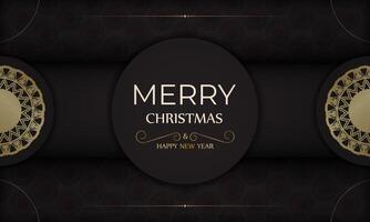 Banner Merry Christmas and Happy New Year in black with gold pattern. vector