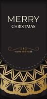 Template Greeting card Happy New Year and Merry Christmas in black color with gold ornament. vector