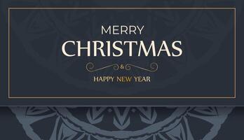 Postcard template Merry Christmas and Happy New Year in dark blue color with abstract blue ornament vector
