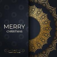 Merry Christmas and Happy New Year greeting card template in dark blue color with vintage gold pattern vector