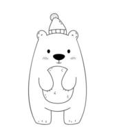 Character design cute polar bear with knitted cap.Doodle cartoon style. Outline. vector