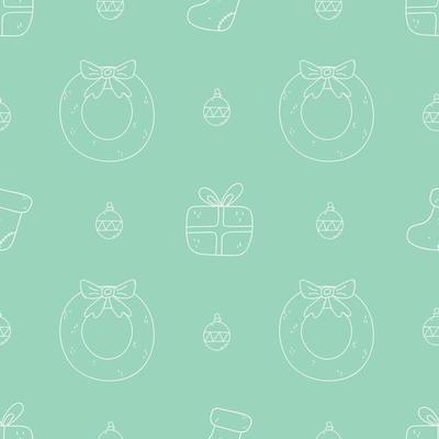 Cute seamless pattern. Doodle wreath, gift boxes, xmas bulb. Childish style. White outline. Christmas hand drawn elements.