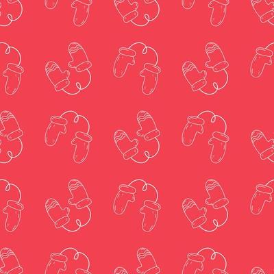Winter mittens on a rope in the doodle style. Seamless pattern. Xmas holiday. Hand-drawn illustration for the new year, Christmas. Cute warm design.White outline on a red background.Wrapping paper.