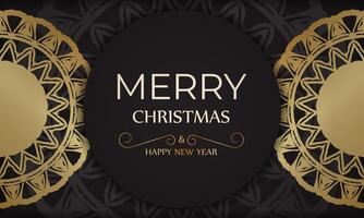 Merry Christmas and Happy New Year poster in black color with gold pattern. vector