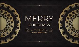 Banner Template Happy New Year and Merry Christmas in black color with gold pattern. vector