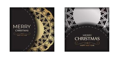 Greeting Card Happy New Year and Merry Christmas in black color with gold pattern. vector