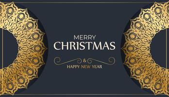 Happy new year flyer template in dark blue color with vintage gold pattern vector