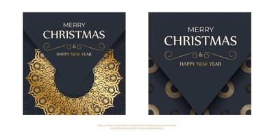 Happy new year flyer template in dark blue color with abstract gold ornament vector