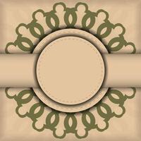 Beige color postcard design with mandala ornament. Vector invitation card with place for your text and abstract patterns.
