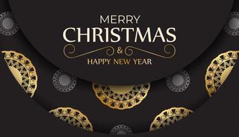 Greeting card Merry Christmas and Happy New Year in black color with gold pattern. vector