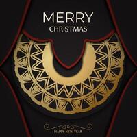 Template Greeting card Merry Christmas and Happy New Year in black color with gold pattern. vector