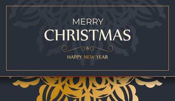 feliz navidad y próspero año nuevo volante azul oscuro con patrón dorado vintage vector