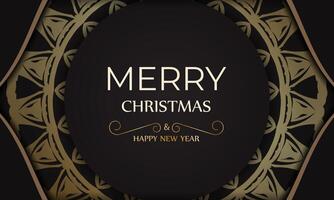 Poster template Happy New Year and Merry Christmas in black color with gold ornaments. vector