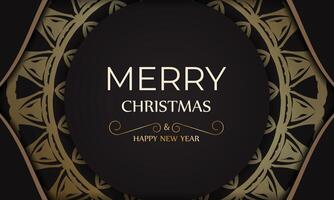 Poster template Happy New Year and Merry Christmas in black color with gold ornaments. vector