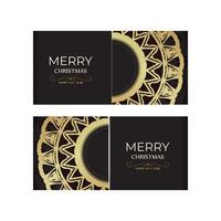 Flyer template Happy New Year and Merry Christmas in black color with gold pattern. vector