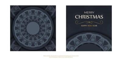 Postcard template Merry Christmas and Happy New Year in dark blue color with luxury blue ornaments vector