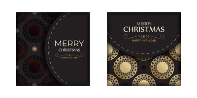 Greeting flyer Happy New Year and Merry Christmas in black color with gold ornaments. vector