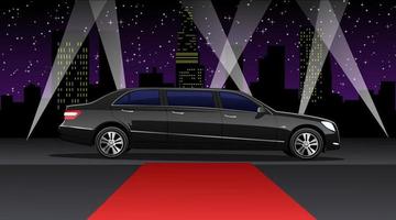 Movie Stars Background Scene with Red Carpet, Limo and Lights and a City Skyline. Vector Illustration