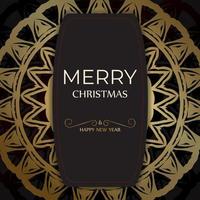 Black Merry Christmas and Happy New Year flyer template with gold pattern. vector