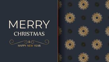 Merry christmas and happy new year dark blue flyer with vintage gold pattern vector