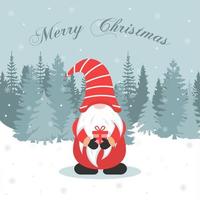 Christmas card with a cute gnome with a gift in his hands. Vector illustration.