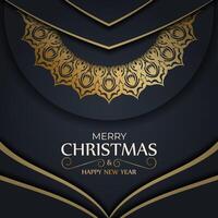 Merry Christmas and Happy New Year greeting card template in dark blue color with vintage gold ornament vector