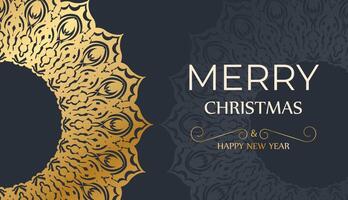 Merry Christmas and Happy New Year greeting card template in dark blue color with abstract gold ornament vector
