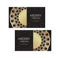 Flyer template Happy New Year and Merry Christmas in black color with gold pattern. vector