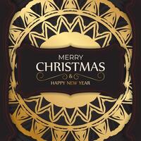 Greeting card Merry Christmas and Happy New Year in black color with gold ornaments. vector