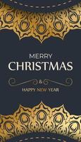 Template Greeting card Merry Christmas in dark blue color with vintage gold ornament vector