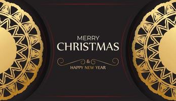 Flyer Merry Christmas and Happy New Year in black with gold pattern. vector