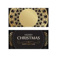 Template Greeting card Happy New Year and Merry Christmas in black color with gold pattern. vector