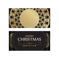 Template Greeting card Happy New Year and Merry Christmas in black color with gold pattern. vector