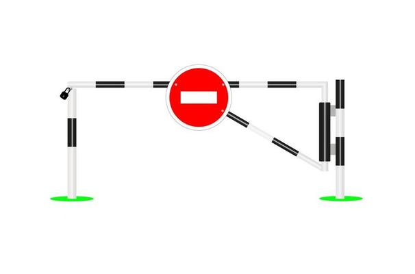 Closed barrier with a prohibition sign. Striped closed barrier gate