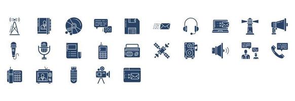 Collection of icons related to Communication, including icons like Antenna, Book, Chat, Diskette and more. vector illustrations, Pixel Perfect set