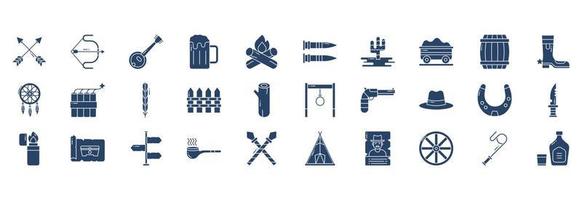 Collection of icons related to Cowboy and wild west, including icons like Arrow, Banjo, Beer, Bonfire and more. vector illustrations, Pixel Perfect set